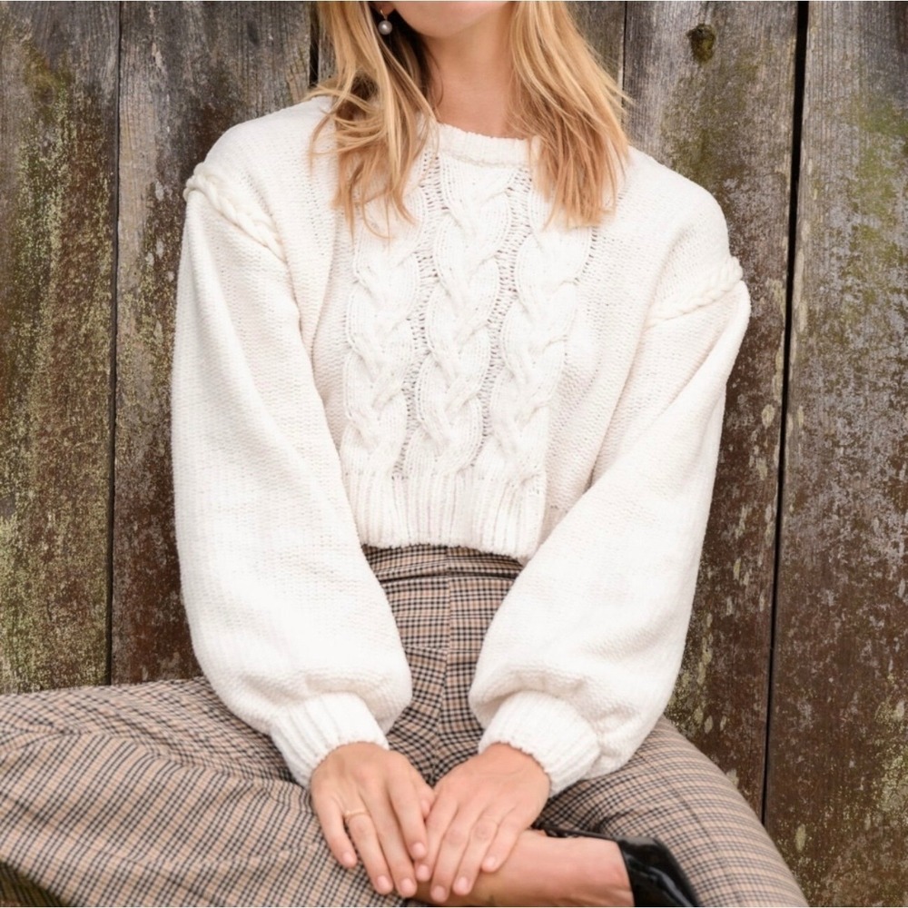 New Altar'd State Marshmallow Cable Knit Cropped Sweater XXL  Balloon Sleeve